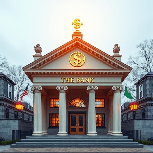 傳統銀行建築融合數位貨幣符號