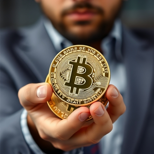 一位男子展示比特幣硬幣