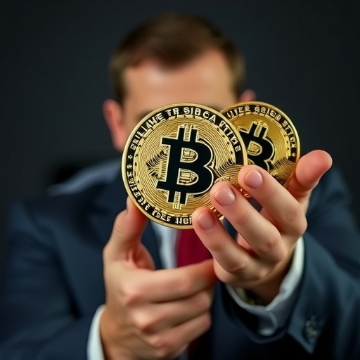 一位男子手持比特幣硬幣