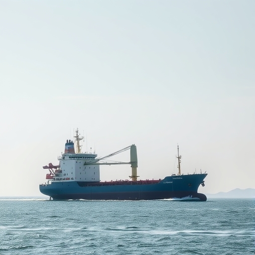 一艘貨船靠近海岸線。