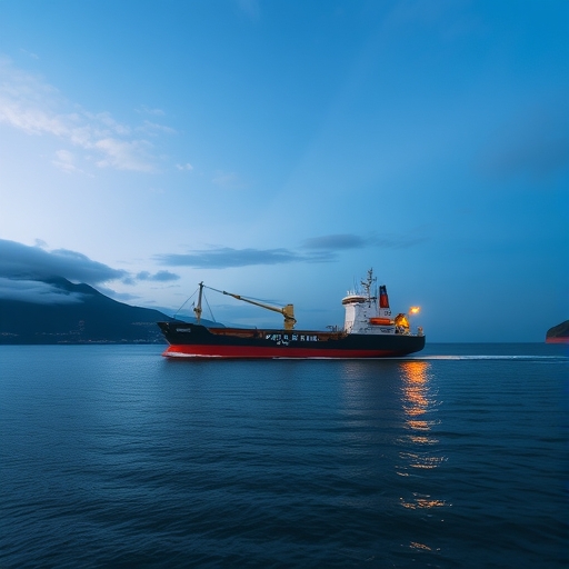 一艘貨船靠近海岸線。