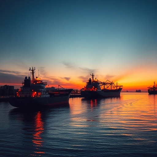 貨櫃船在日落時分