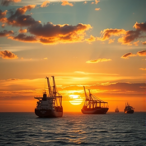 貨櫃船在日落時分