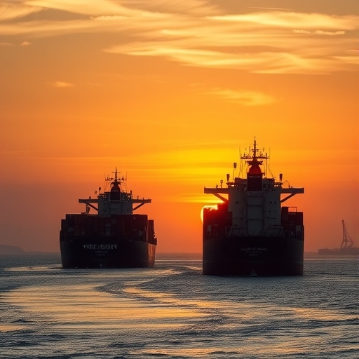 貨櫃船在日落時分