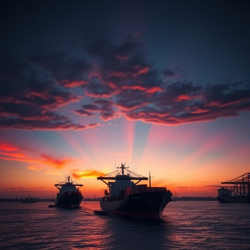 貨櫃船在日落時分