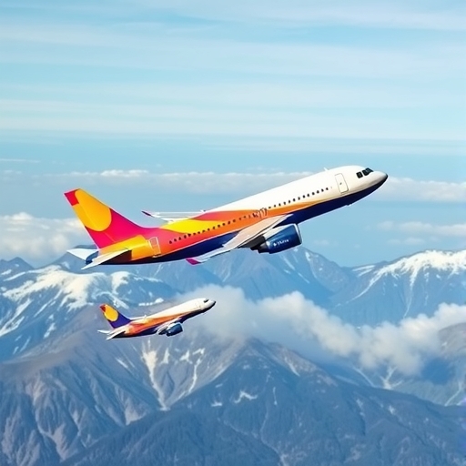 彩色飛機在山區上空飛行