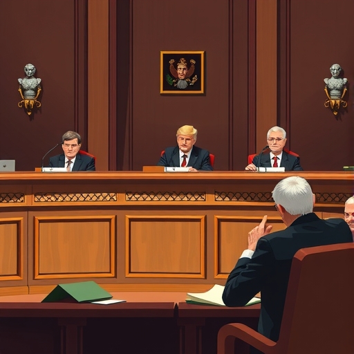 法庭情景，法官們正在審理案件