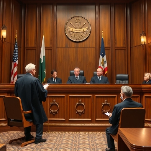 一個法庭場景，法官們正在審理案件