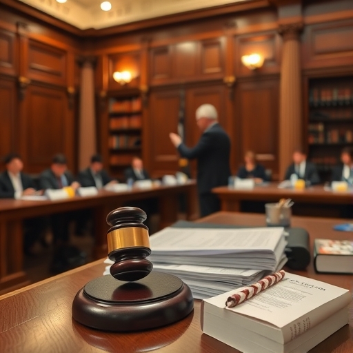 法庭場景，帶有法律文件和法槌