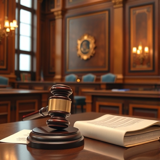 法庭場景，帶有法律文件和法槌