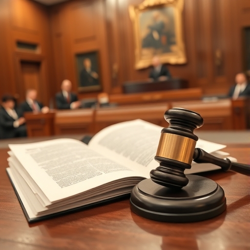 法庭場景，帶有法律文件和法槌