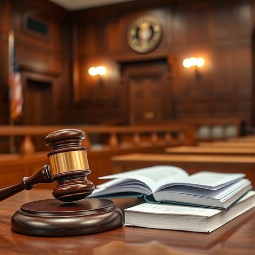 法庭場景，帶有法律文件和法槌