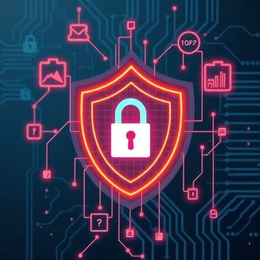 數位安全概念插圖，展示政府與科技平台合作防詐騙策略。