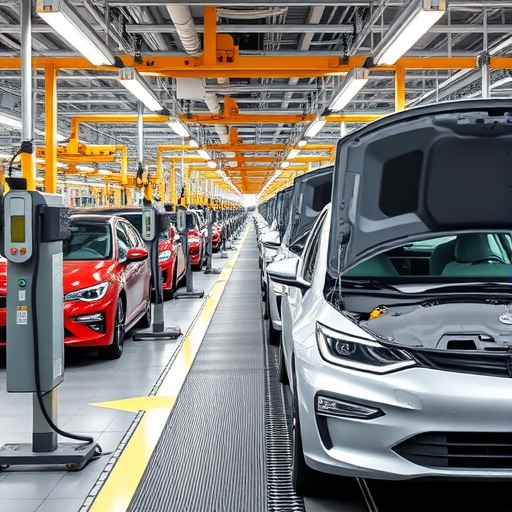 一條電動車組裝線正在運作