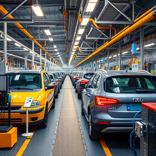 電動車組裝線上的工人正在操作