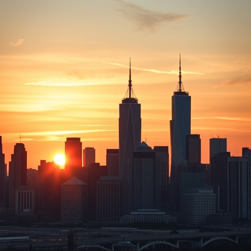 金融主題的城市天際線在日落時分