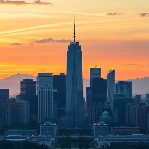 金融主題的城市天際線在日落時分