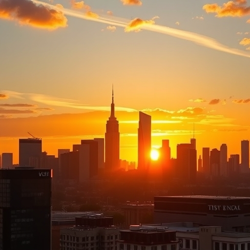 金融主題的城市天際線在日落時分