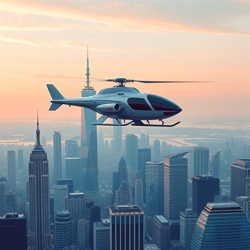 一架未來感十足的空中計程車在城市天際線中飛翔