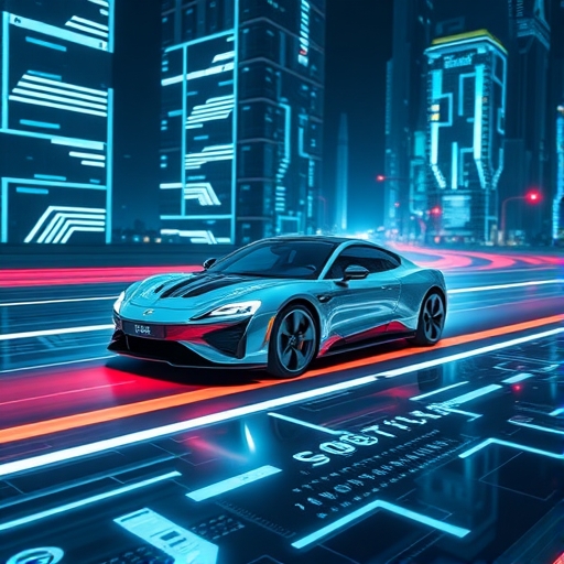 一輛未來感的汽車正在數位道路上駕駛