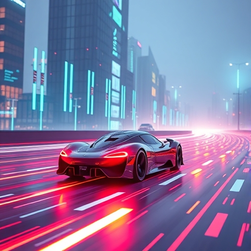 一輛未來感的汽車正在數位道路上駕駛