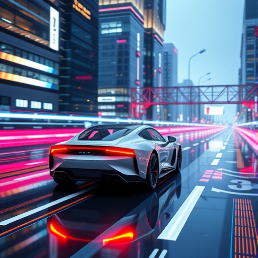 一輛未來感的汽車正在數位道路上駕駛