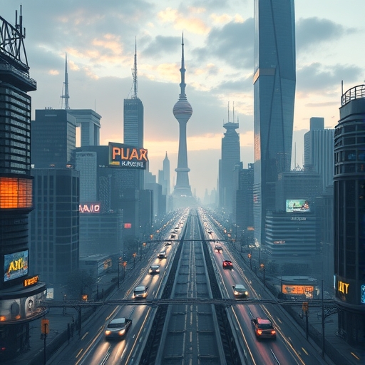 一輛自動駕駛計程車在未來感十足的城市中行駛