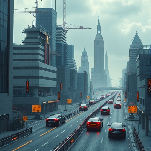 未來感城市中的自動駕駛計程車正在路上行駛