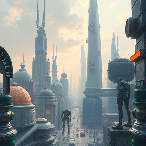 未來城市中充滿機器人的場景