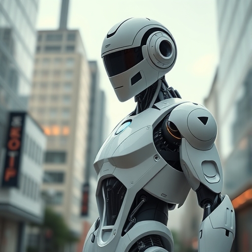 一位未來人形機器人在都市環境中行走