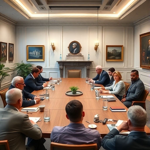 政府預算規劃會議中的官員們討論策略
