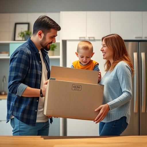 一家人高興地接受新家電的送達