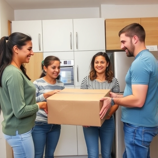 一家人開心地收到新的家電產品