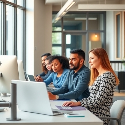 現代辦公室中多元同事共同工作的情景