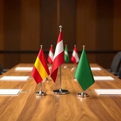 國際談判桌上的多國旗幟