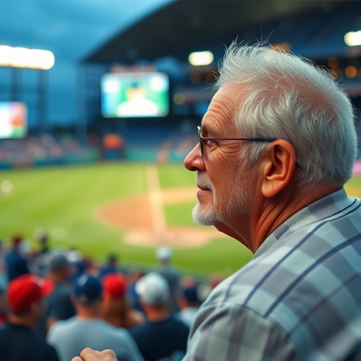 一位退休男子正在觀看棒球比賽