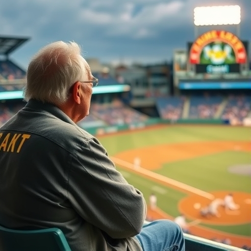 一位退休男子正在觀看棒球比賽