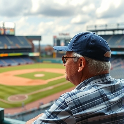 一位退休男子正在觀看棒球比賽