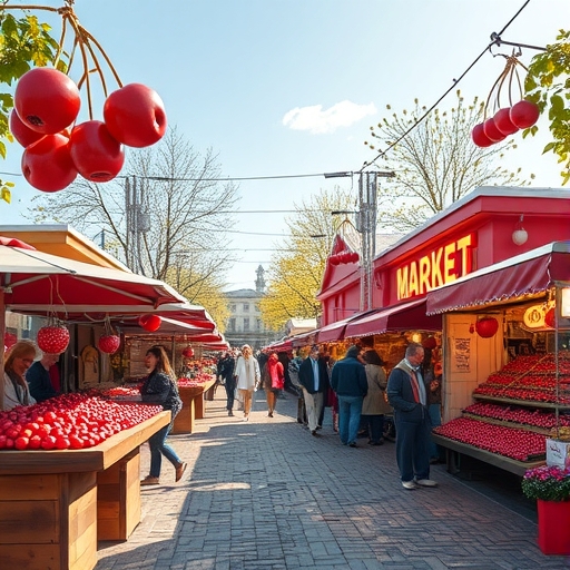 櫻桃在市場上整齊排列供應給消費者