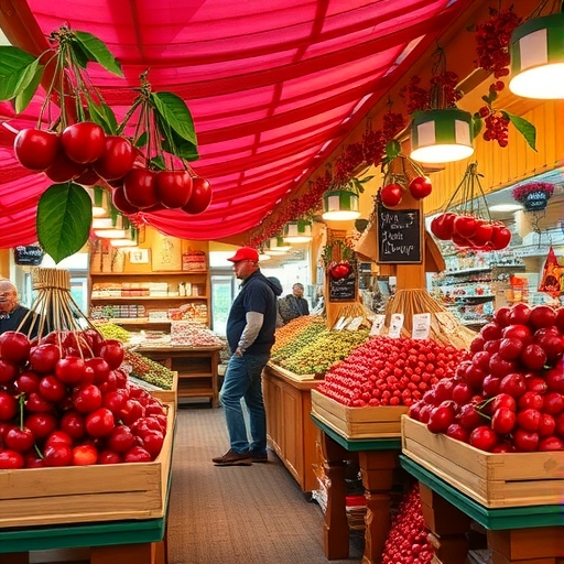 一群人在熱鬧的台灣櫻桃市場購買櫻桃