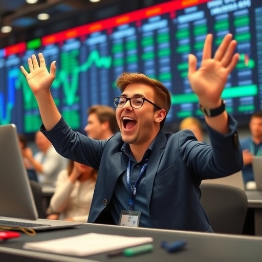 年輕投資人在股市中感到興奮