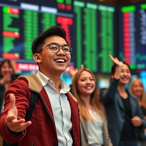 年輕投資人興奮地查看股票市場