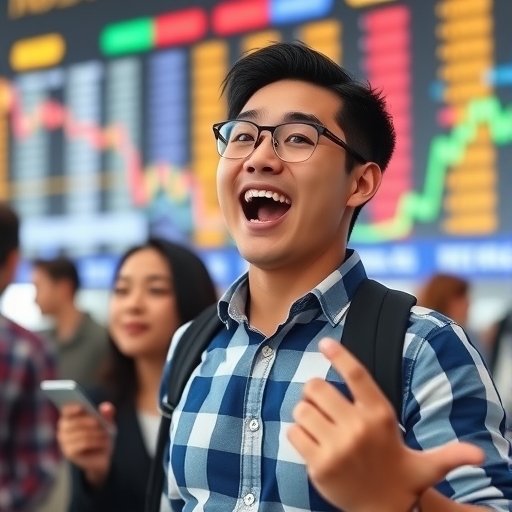 年輕投資人激動地在股市中交易