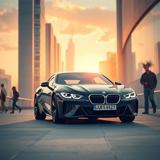 一輛BMW電動車在未來城市中行駛