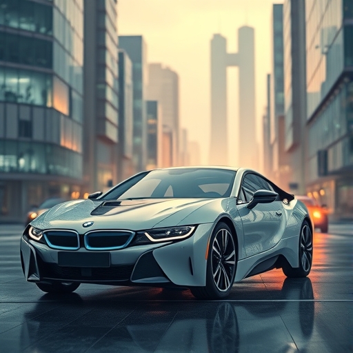 一輛BMW電動車在未來城市中行駛