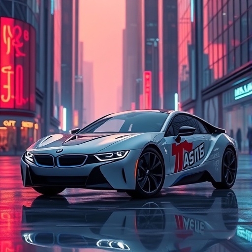 一輛BMW電動車在未來城市中行駛