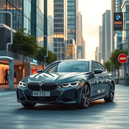 一輛BMW電動車在未來城市中行駛