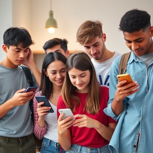 一群多元的青少年使用手機