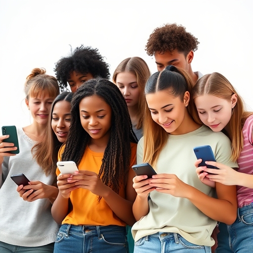 一群多元的青少年使用手機