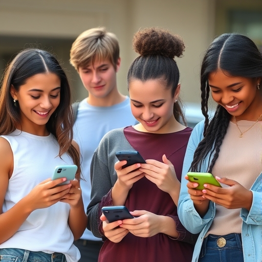 一群多元的青少年使用手機